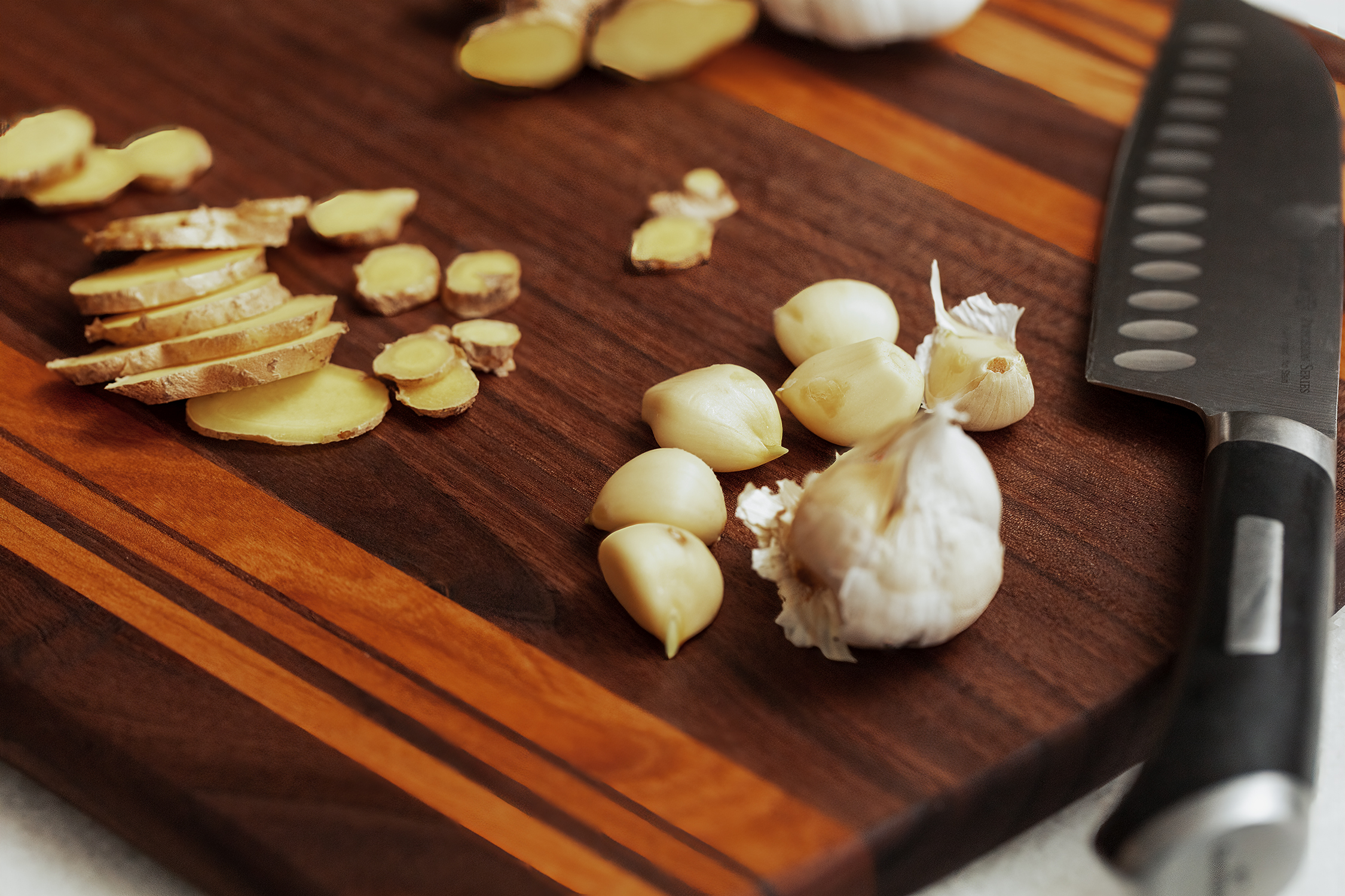 cutting board closeup with food